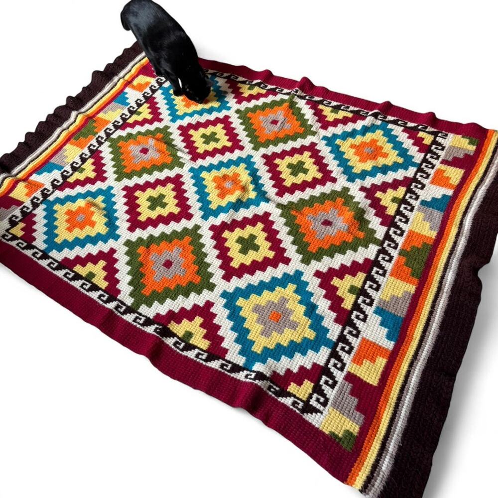 Vintage 70s Granny Square Knit Blanket – 39x49